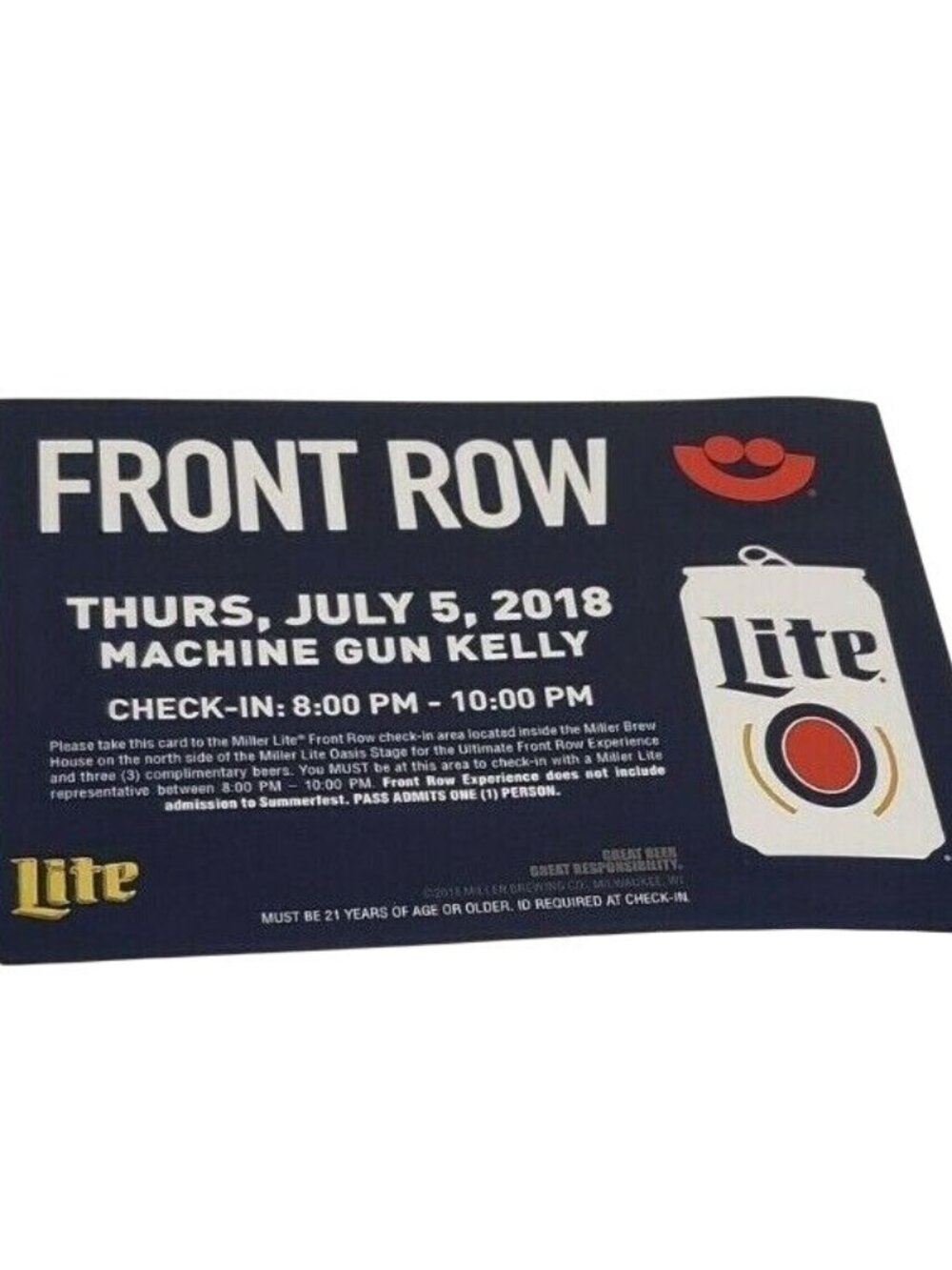 Machine Gun Kelly July 5 2018 Miller Lite Beer Front Row Coupon Ephemera